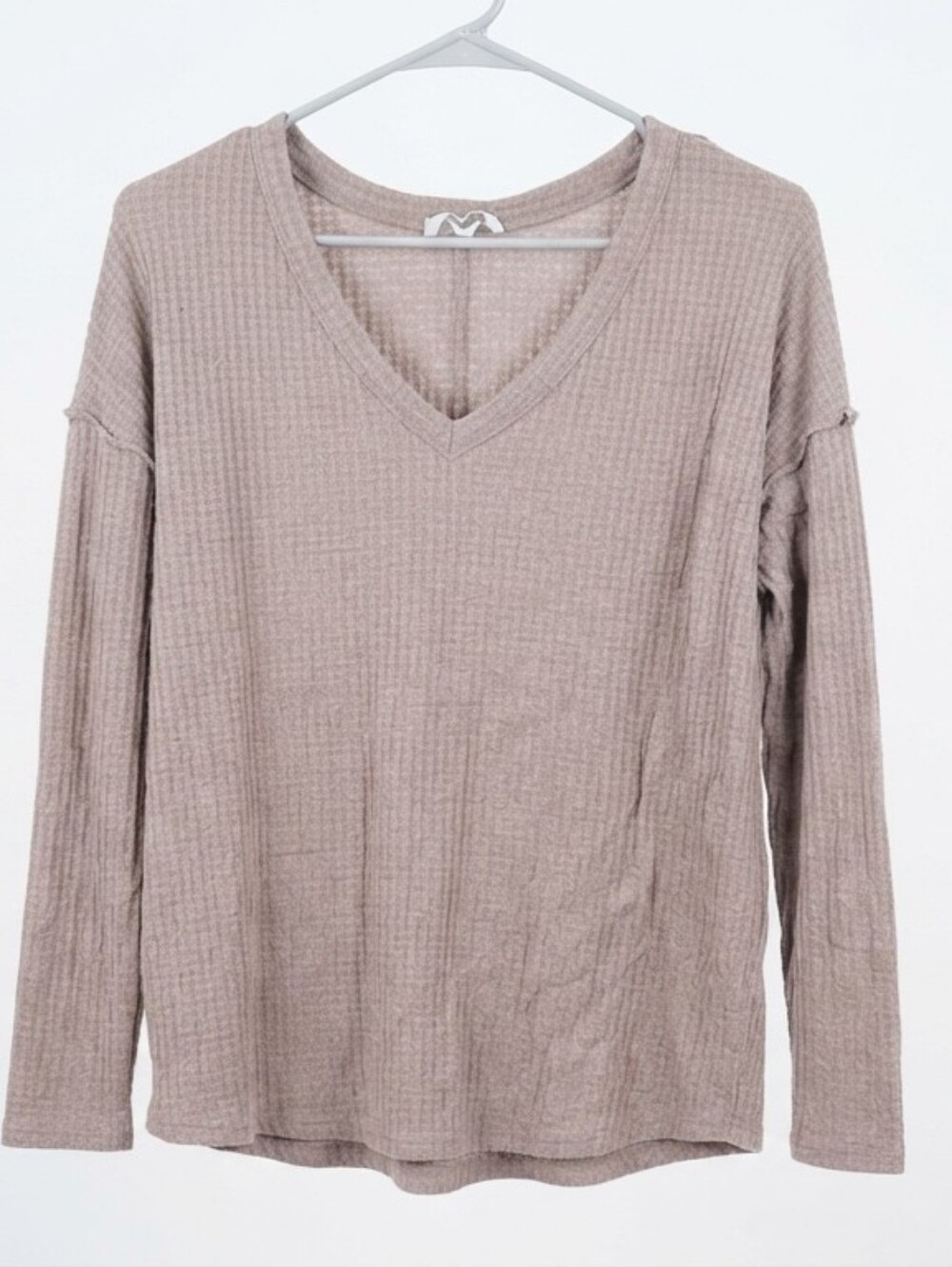 First Love by Lovelyn Taupe Waffle Knit V-Neck Long Sleeve Top Size XL